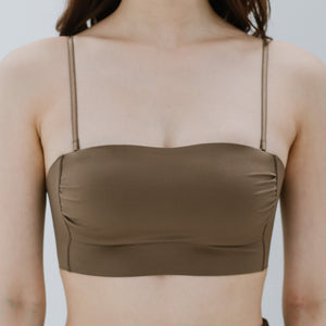 Minimalist Chic! Ruched Lightly-Lined Seamless Midi Strapless Wireless Bra in Cocoa Latte